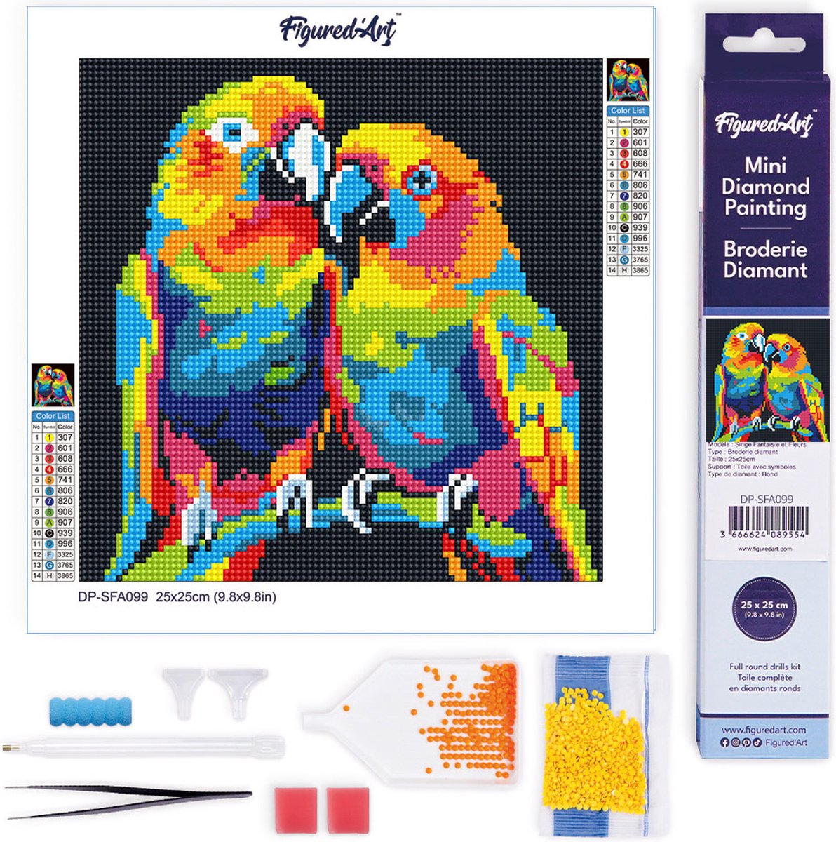 FiguredArt Mini Diamond Painting set Volwassenen 25x25 cm Papegaaien Abstracte Pop-Art - 5D DIY Art full drill ronde diamant - Opgerold canvas